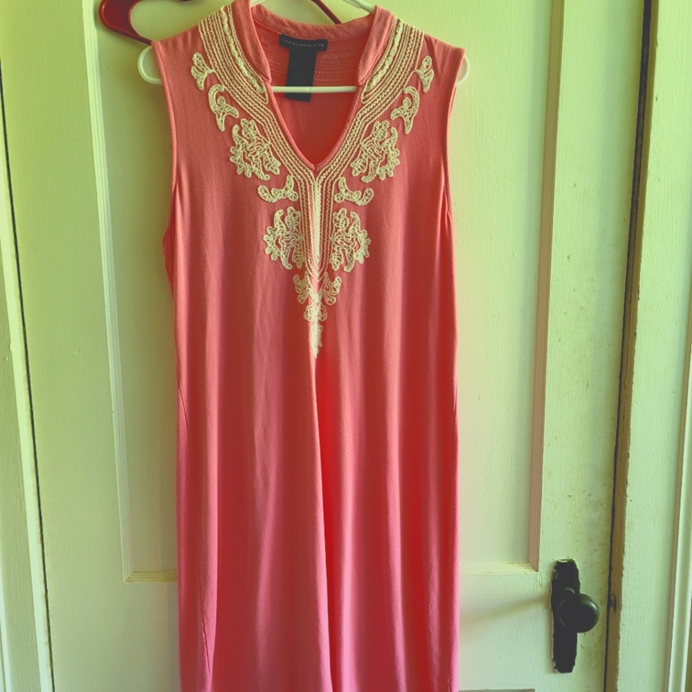 Grace Elements Coral Pink Sleeveless Embroidered V-Neck Dress